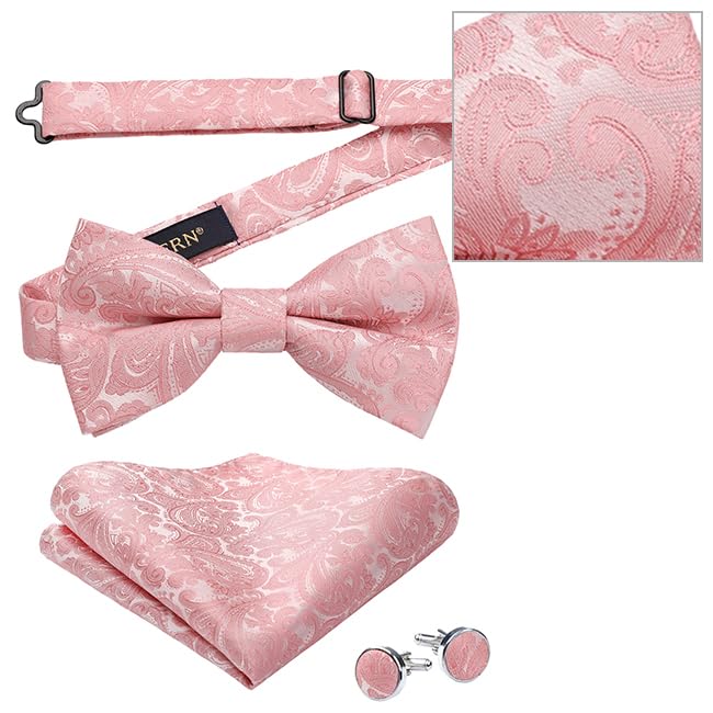 Image of HISDERN Bow Ties for Men Pretied Bow Tie Set Paisley Classic Bowties and Pocket Square Cufflinks Set for Wedding Party