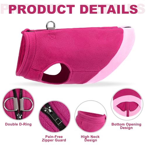 Image of Mihachi Dog Fleece Vest Sweater Zip Up Warm Pullover Step-in Dog Jacket with Dual D-Ring Leash,Winter Cold Weather Reflective Coat Clothes Hoodie for Small Medium Dogs Puppy Cat Boy Girl,Rose Pink M