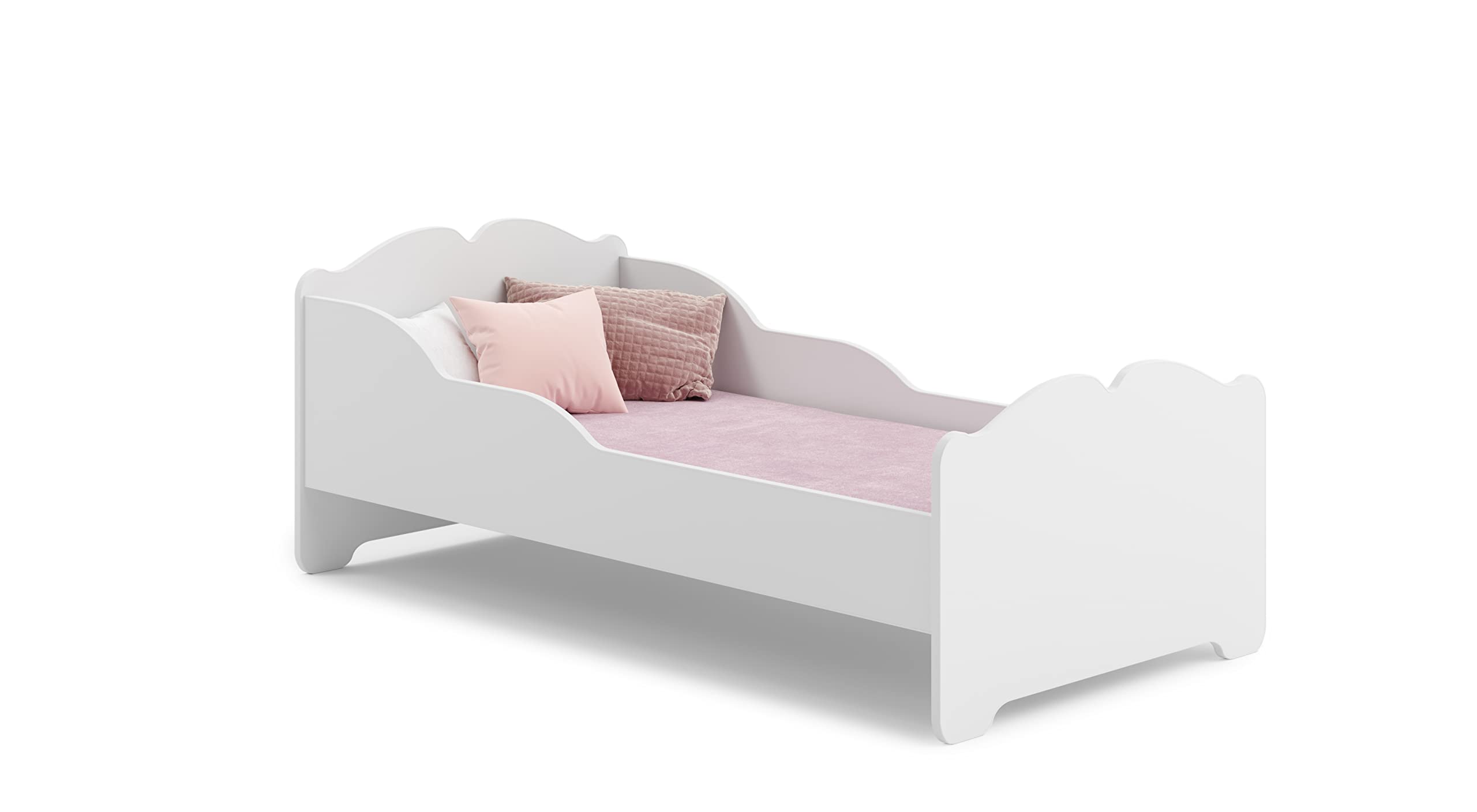 KOBI Cama para niños con banderas ANNA | Blanco Cuna Niña | 140 x 70 cm | Cuna infantil con colchón | Cunas para una niña | Cama infantil individual con respaldo