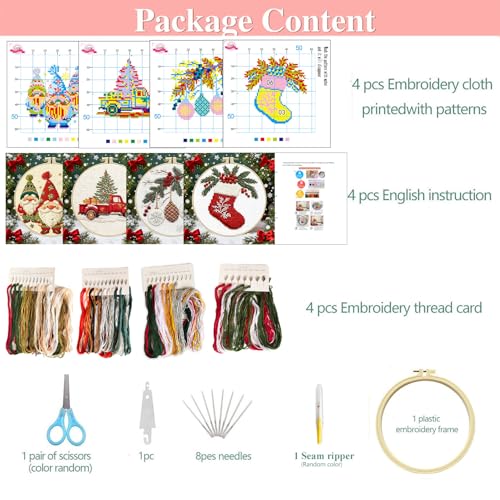 Image of Zhenqing 11CT Stamped Cross Stitch Kit for Adults Beginners, Hand Embroidery Christmas Ornaments with Hoops and Instructions - Four-Piece Stocking Set (68448)