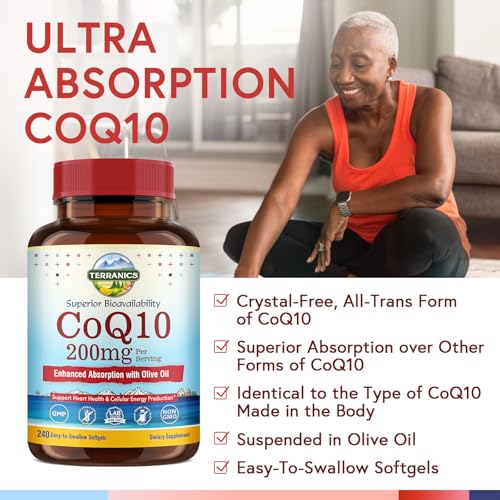 Terranics CoQ10 200mg, Coenzyme Q10 Supplement with Extra Virgin Olive Oil for Enhanced Absorption, Made in USA, Supports Heart Health, Antioxidant Protection, Energy Production, Non-GMO, 240 Softgels — view 3