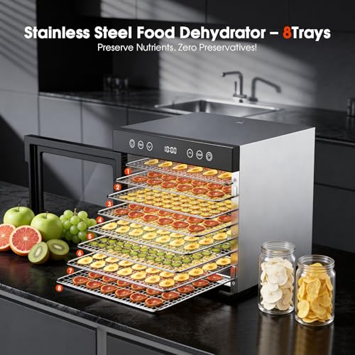 Image of PSIIDAN Upgraded Food Dehydrator Machine, 650W Powerful Dehydrator with 8 Stainless Steel Trays & Interior Light, Adjustable Timer and Temperature for Jerky, Fruits, Herbs, Dog Treats