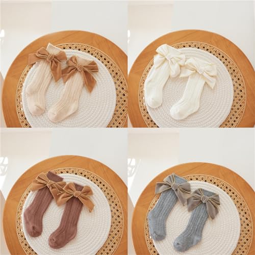 0-5T Baby Girl Knee High Socks with Velvet Bows 4 Pairs Cotton Rib Knit Long Socks Infants Toddlers2