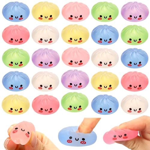 Thenshop 30 Pcs Crystal Dumplings Squeeze Toys Colorful Dumplings Stress Balls Fidget Sensory Cute Printed Face Steamed Bun Stress Relief Ball for Party Favors Food Themed Gifts Adult Relief