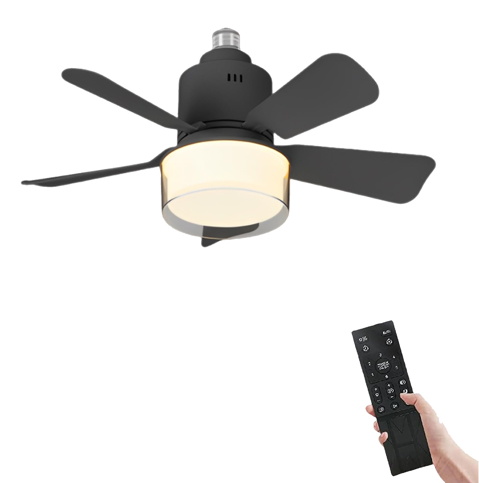 E27 Ceiling Fan Light with Remote Control, 24W LED, 4 Speeds & 3 Colour Modes (3000K–6500K), 2400LM Dimmable, Quiet Motor, Easy Install – for Bedroom, Kitchen, Garage (Black (Without Connecting Rod))