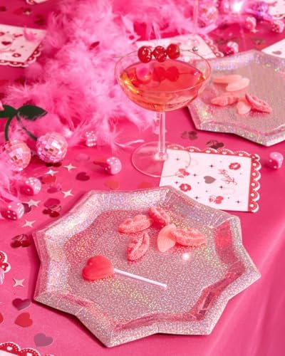 xo, Fetti Pink Holographic Starburst Foil Plates - 25 pcs | Happy Birthday Party Decorations, Holiday Party, Cool Cake Plates, Pink Bachelorette Disposable Party Plates