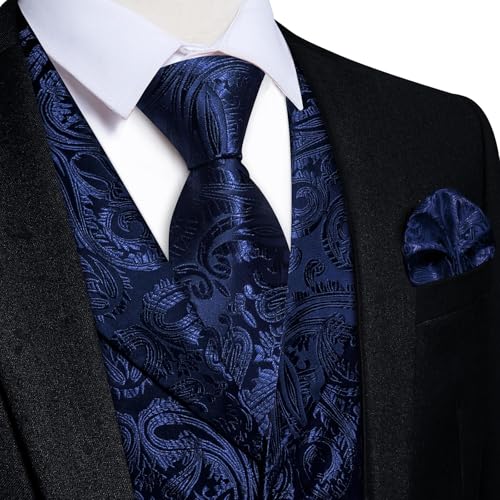 DiBanGu Mens Paisley Vest and Tie Set Silk Formal Suit Waistcoat and Bowtie Hankerchief Lapel Pin Set 8PCS for Wedding Party4