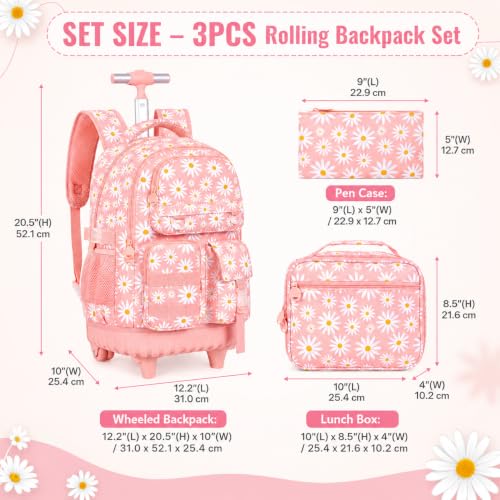 Image of CCJPX 3Pcs Rolling Backpack for Girls, Roller Wheeled School Bookbag, Daisy Wheels Backpacks with Lunch Box for Kids (Pink)