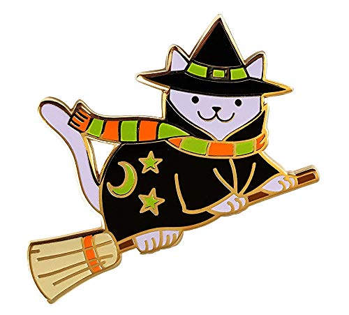 Broche en émail chat de sorcière Pinsanity 3,8 cm en laiton pour veste de sorcière gothique