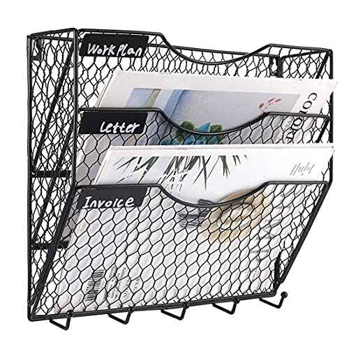 LadyRosian 3 Tier Wall File Holder Organizer with Tag Slot - Metal Chicken Wire Basket with 5 Key Holder - Wall Magazine Rack Keys Holder for Office and HomeDecor,Black