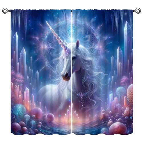 FengMingRui Fantasy Unicorn Curtain Kids Girl Dream White Horse Magic Unicorn Blackout Window Treatment for Girl Bedroom Living Room Home Decor Window Drapes 55