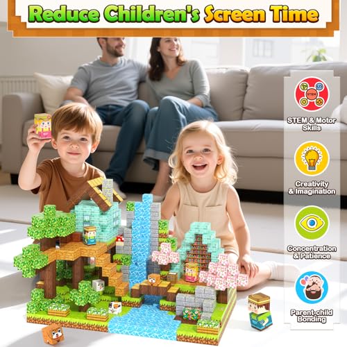 Image of 200PCS 0.8 inch Magnetic STEM Building Blocks Creative Fun for Kids Boys Girls | Mine Magnet World Building Crafts, Sensory Toys Learning Game for Kids Ages 3-5 5-7 8-12 Year Old - Garden Wonderland Playset
