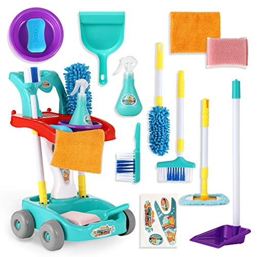 KLT Kids Cleaning Set, Pretend Play Detachable Housekeeping Cart, Montessori Toddler Toys, Cleaning Supplies Toy for Kids Toddler Boy and Girl with Kids Broom and Dustpan Set Cleaning Tools 11 Pcs