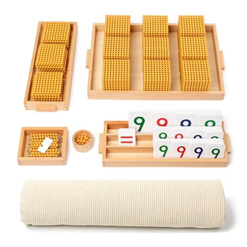 Juego de cuentas doradas Montessori de madera con alfombra para matemáticas decimales