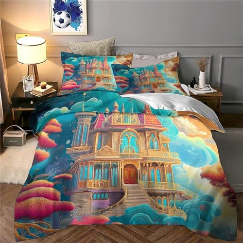 Housse de couette château 3D anti-plis et lavable pour lit enfant double