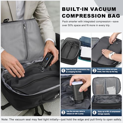 Vacuum Backpack Travel 60L Expandable,Vacuum Seal Travel Backpack with Pump, TSA,Waterproof Oxford,17" Laptop Compartment,Carry On compression Backpack for Men & Women, Business,Flight Travel(Gray)4