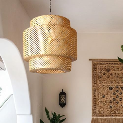 Image of Habere India-All the Cultures Fabricating India Bamboo Lampshade | Pendant Lamps | Boho Lamp Shade | Cane Lampshades | Rattan Lamp Shade | Wicker Lampshade (Diameter 40 CM, Height 37 CM)