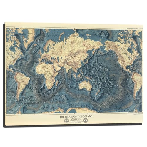Topografía de tierras y océanos del mundo. Lámina del fondo oceánico. Cartografía de la geología del fondo del océano. Póster en lienzo para decoración de pared (22"L x 16"W, sin marco) miniatura 1