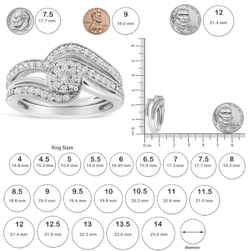 .925 Sterling Silver 1/3 Cttw Multi-Diamond Bypass Vintage-Style Bridal Set Ring and Band (I-J Color, I3 Clarity) - Size 74