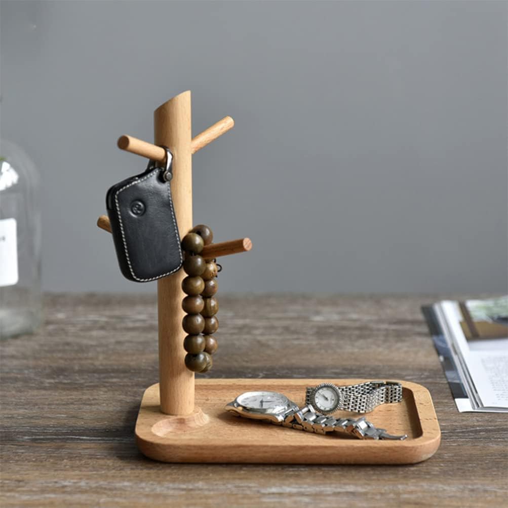 Housoutil Entryway Wood Key Tray Mens Valet Tray Perfume Jewelry Dishes Ring Holder Catchall Vanity Stand Hanging Organizer for Entryway Table Home