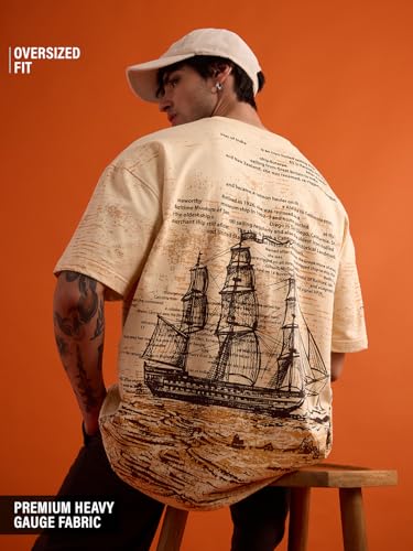 Image of The Souled Store Let's Sail Men and Boys Short Sleeves Round Neck Beige Graphic Printed Cotton Oversized T-Shirts