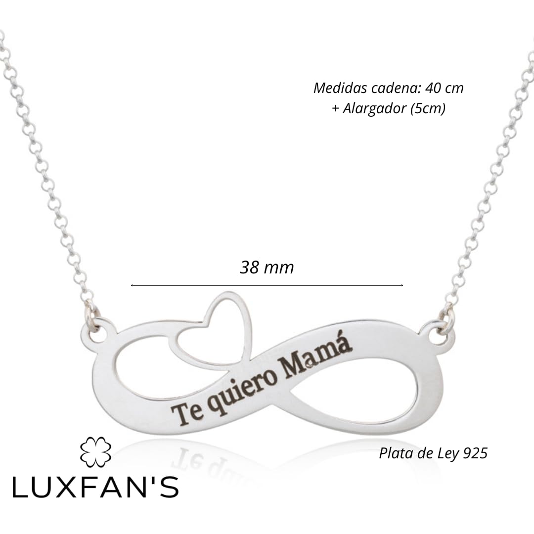 Collar Infinito con Corazón Personalizable en Plata de Ley Personalizado con cadena Rolo de 40cm + Alargador. Ideal para regalar a un ser querido: madres, abuelas...