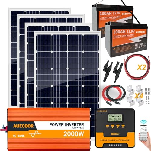 Kit completo di pannelli solari da 1,92 kWh per sistema solare Off Grid RV | 2 batterie al litio LiFePO4 da 100 Ah | 4 pannelli solari mono rigidi da 120 W | Inverter di potenza da 2000 W | Controller
