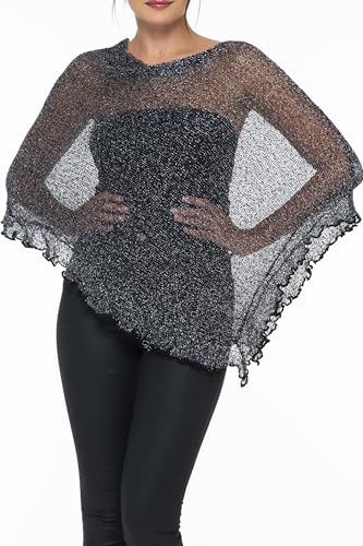 Image of SHU-SHI Women's Sheer Knit Poncho Shrug Lightweight Asymmetrical Ruffle Wrap Dressy Summer Shawl Cover Up Top