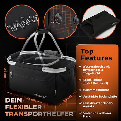 MAINWEST - Fahrradkorb vorne + Inklusive Lenkeradapter E-Bike - mit Airtag Fahrrad Versteck - Fahrradkorb Vorne Ebike - mit Schloss - Lenkerkorb Fahrrad - 26 Liter (Grau)