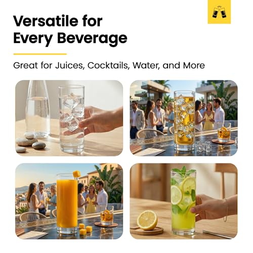 LEMONSODA Highball Glass Set | 12oz Set of 6 | Lead-Free Glass with Heavy Base | Dishwasher Safe Cocktail Glasses for Mojito Whiskey Iced Tea | Gift Box Included | Modern Durable Bar Glassware