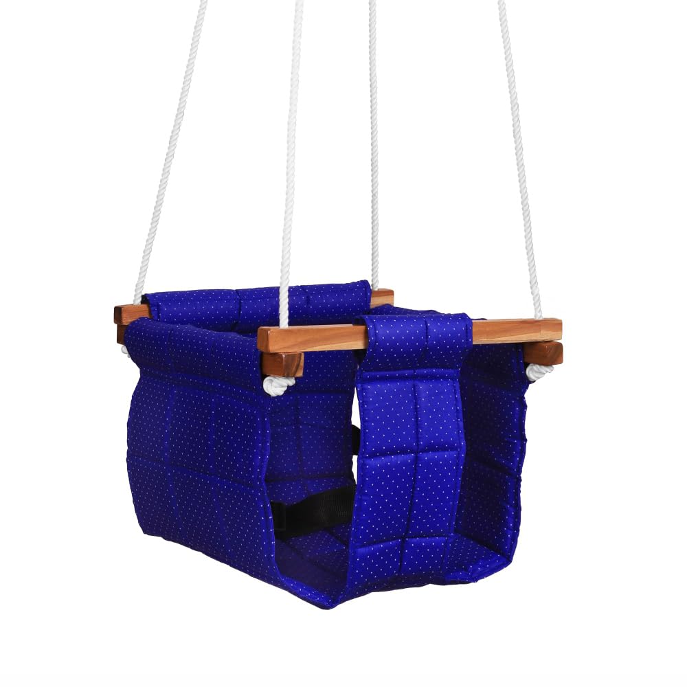 Ashish Swing for Baby and Kids - Indoor/Outdoor Jhula, Cradle for 8-36 Months, Height 114" Length 8.5"Cm, Cotton and Wood Material (Blue)