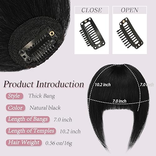 RUWISS Clip in Fringe 100% Human Hair Clip in Bangs Thick Bangs Fringe with Temples Fringe Extensions Clip in Hair for Women Bangs Hairpieces for Daily Wear(Natural Black) - Image 2