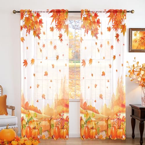 youleyar Fall Sheer Curtains for Living Room 63 Inches Long 2 Panels White Semi-Sheer Curtain with Pumpkin&Maple Leaves Printed Pattern Fall Rod Pocket Voile Drapes for Bedroom 52 W x 63 L
