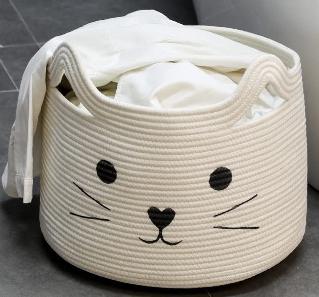 Panier Rangement Pliable Corde Coton Motif Chat – Boîte Ronde Organiseur Jouets Chambre Enfant, Gris Kiuiom