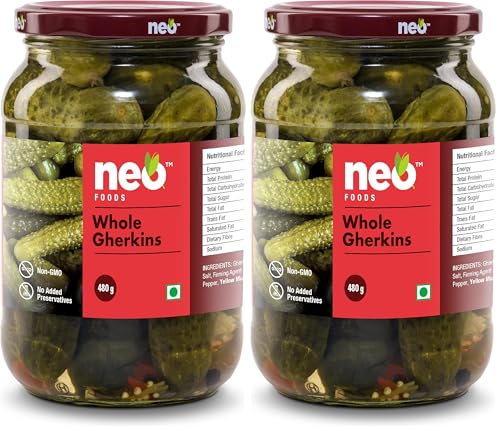 Image of Neo Whole Gherkins 480g I Pack of 2 I 100% Plant Based I Low Fat Sweet and Crunchy Pickles, Ready to Eat I Enjoy with Nachos, Make a Healthy Salad at home