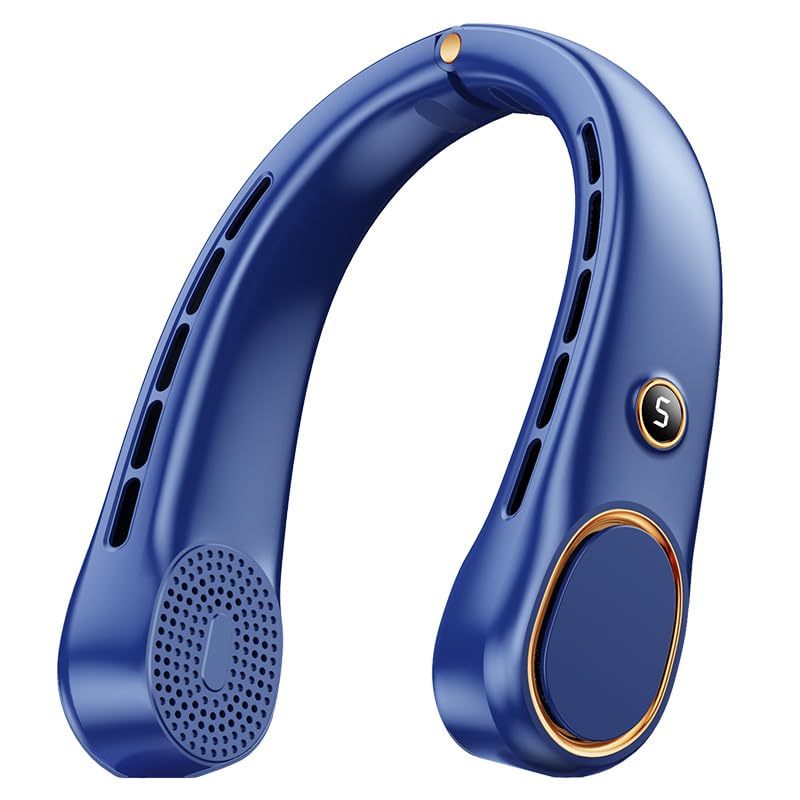 Portable Neck Fan, Rechargeable Neck Fan with 5 Speeds & LED Display,Bladeless 3000mAh Hanging Fan, Silent Wearable Personal Cooling Fans, Hands-Free Cooler Fan for Men Women Outdoor (Blue)