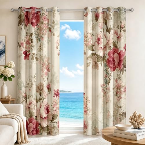 Luxfieo Rideau Occultant Floral Vintage - Décoration Floral, Rideau Thermique Motif Pivoine Botanique Shabby Chic, Lot de 2 Rideaux Opaque à Oeillets pour Fenetre Chambre Salon, 117x137 cm (LxH)