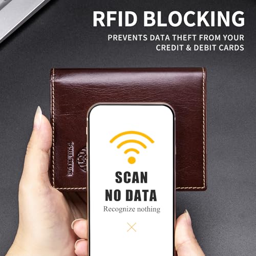 Large Capacity Mens Wallet Genuine Leather Rfid Blocking Bifold Wallet with Flap ID Window 2 Cash Compartments, Coffee3