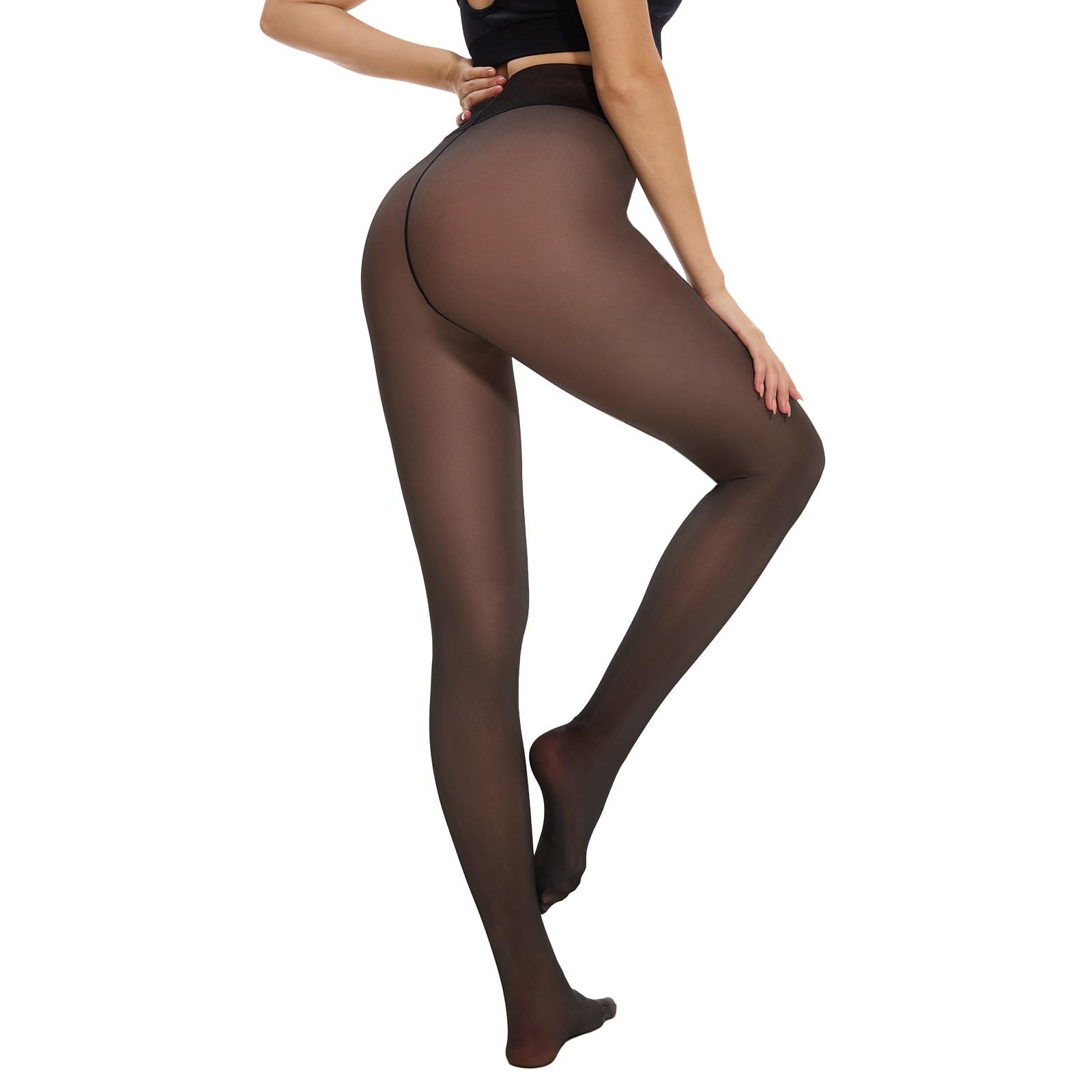 Fleece Lined Glossy Black Sheer Tights Women,Crotch 1 Seam Line Translucent Thermal Tights Winter Leggings