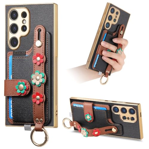 Coque Samsung S24 fleurs 3D noire avec porte-carte
