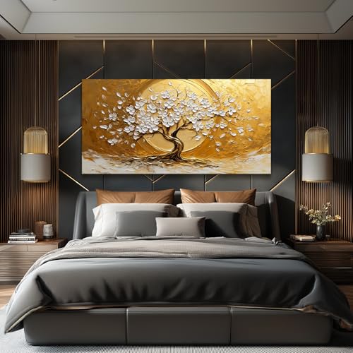 SERIMINO Gold Tree of Life Wall Art, Blossom Tree Extra Large Canvas Painting, Natural Landscape Abstract Artwork for Walls, Japanese Home Wall Decor Living Room Dining Room Office Art Prints 30"X60"