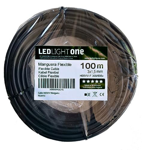 Led Light One Cable Eléctrico H05VV-F Manguera 3x1,5mm 100m Negro, Tensión de Servicio 500v, Temperatura Máxima de Trabajo 70º, para Instalaciones Fijas y Móviles en Locales Domésticos y Oficinas