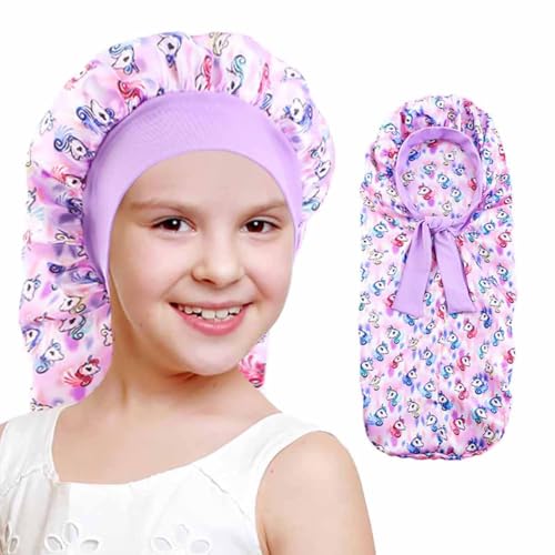2PCS Girls Unicorn Hair Bonnet for Sleeping,Extra Long Satin Bonnet with Elastic Tie Band for Kids Braids Curly Hair4