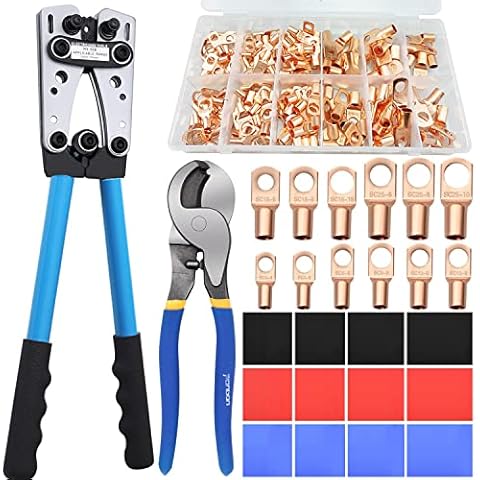 Battery Cable Lug Crimping Tool for 10-1 AWG Heavy Duty Wire Lugs, Electrical Lug Crimper with Cable Cutter and 170PCS Lugs Tubular Ring Terminal Connectors, 345pcs Heat Shrinkable Tube Cover