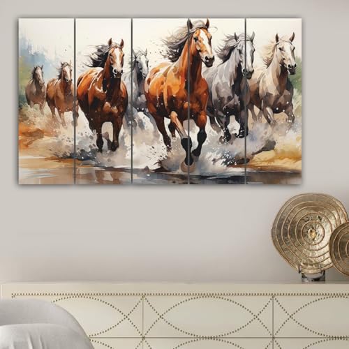 Image of Maxstone 7 Horses Wall Painting for Living Room Big Size - 7 Running Horses Painting Vastu for Bedroom, Office, Hotel - Wall Decor Digital Painting Wooden Framed for Gifting (30x60 inch) M1392