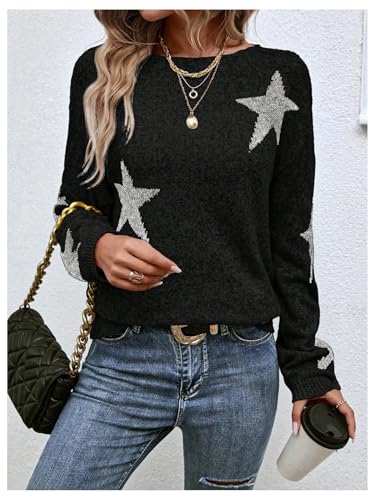 Women's Star Graphic Sweater Y2k Boat Neck Long Sleeve Knit Casual Pullover Tops4
