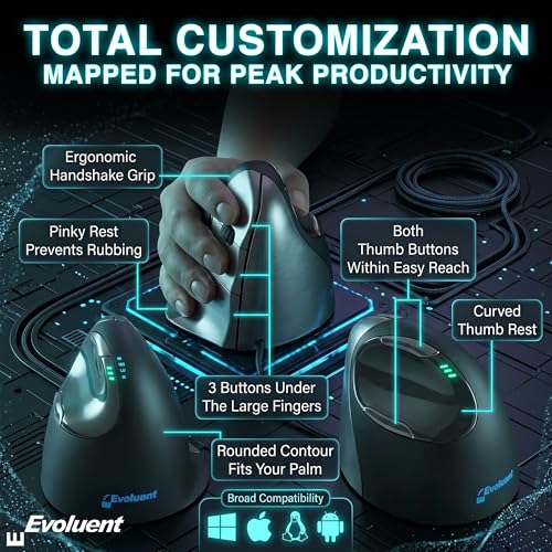 Image of Evoluent - World's Original Vertical Mouse, Wired Ergonomic Mouse for Right Hand, Medium to Large, Helps with Carpal Tunnel and Wrist Strain, Customizable 6 Buttons, 4 Speed Settings, Comfortable Grip