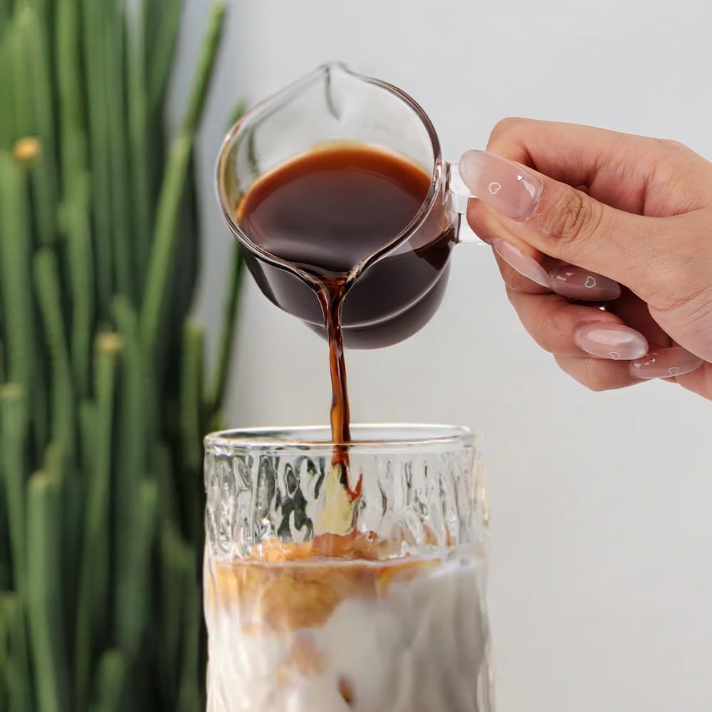 Espresso Cups Set of 2, 6 Oz Expresso Shots Cup, Stackable Espresso Shot Glass, Double Spouts Milk Cup, Clear Glass Mugs with Handle for Coffee Bar