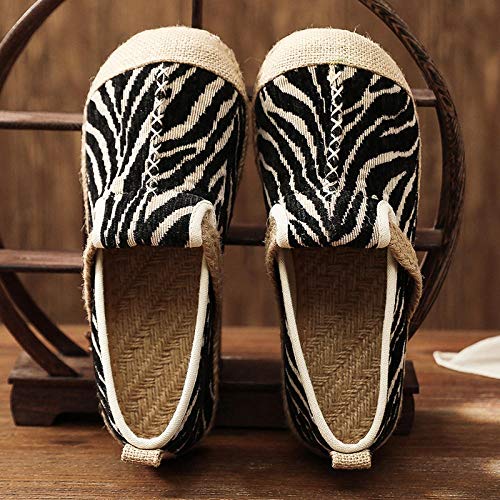 Flats Women Shoes Striped Casual Embroider Round Toe National Style Handmade Concise Linen Ladies Shoes Embroidered Shoes (Color : Green Size : 9)2