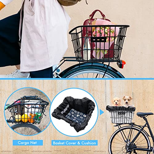 Mattisam Bike Basket Rear, [Tool-Free Install], Bike Rack Basket For Pet, Metal Wire Bike Cargo Basket, Bicycle Basket For Back Of Bike, With Waterproof Cover, Cargo Net, Fits Most Rear Racks #TOP2